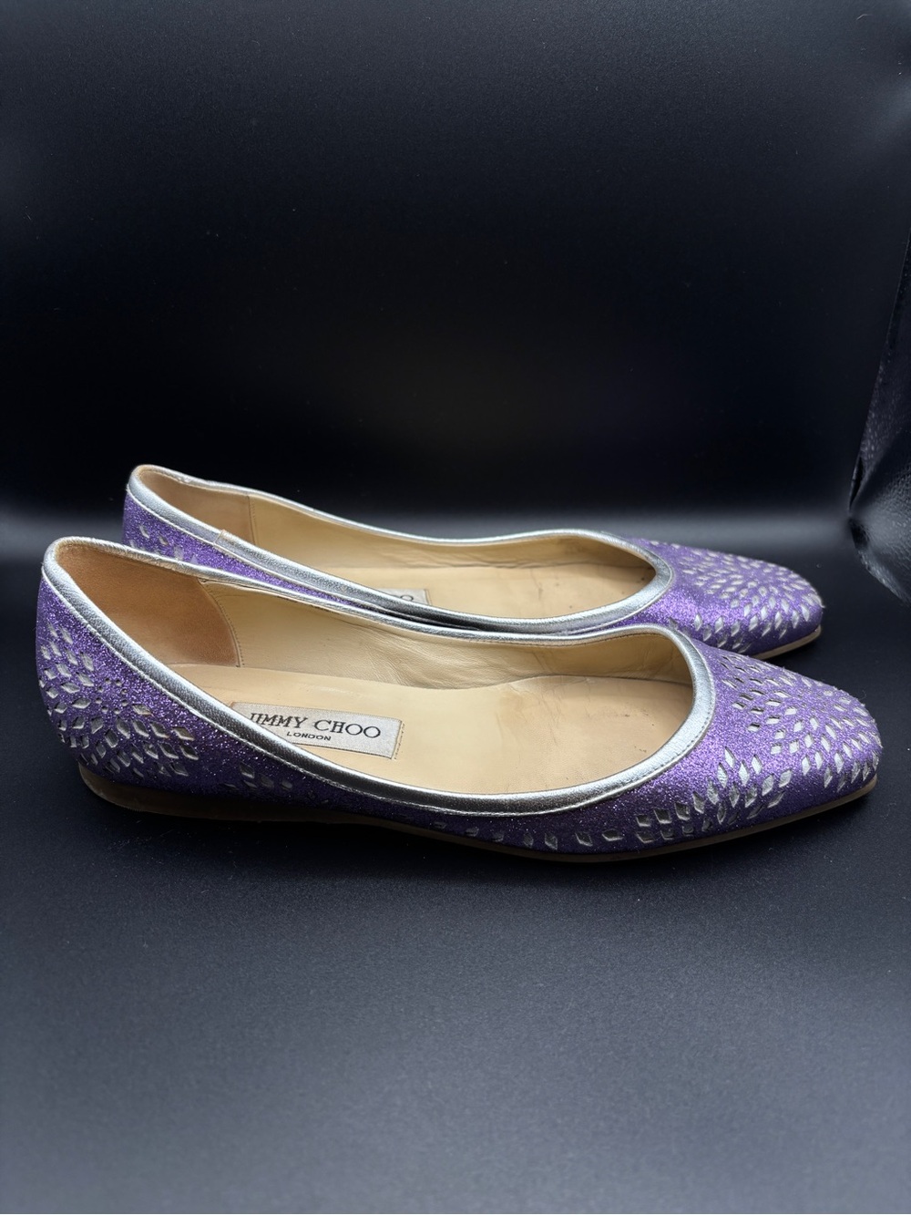 Jimmy Choo Purple and Silver Pointed-Toe Embellished Flats
